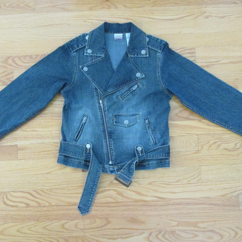 NO BOUNDARIES WOMENS JUNIORS SZ S JEAN JACKET BLUE SLUB STRETCH DENIM MOTORCYCLE